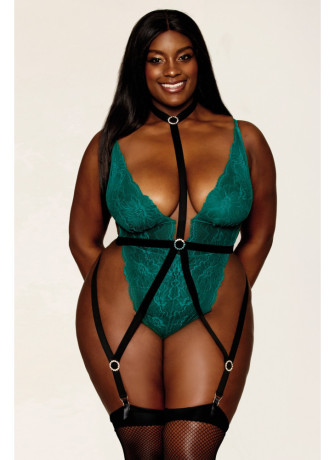 Body dentelle grande taille vert ouvert à l'entrejambe et harnais noir ajustable - DG13074PEA